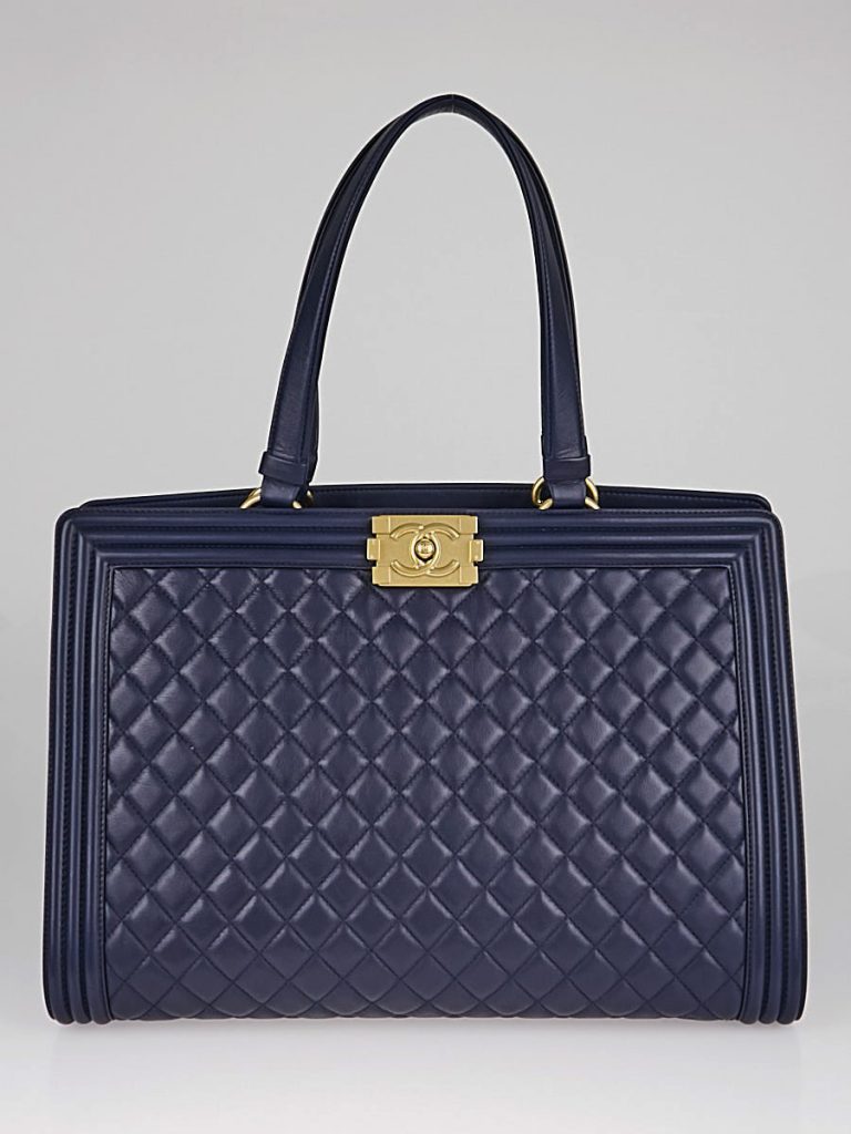 Chanel Navy Blue Quilted Leather Boy Bag Shopping Tote