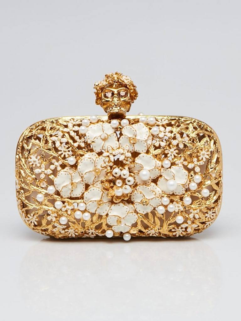 Alexander McQueen Gold Metal Flower Pearl Skull Box Clutch