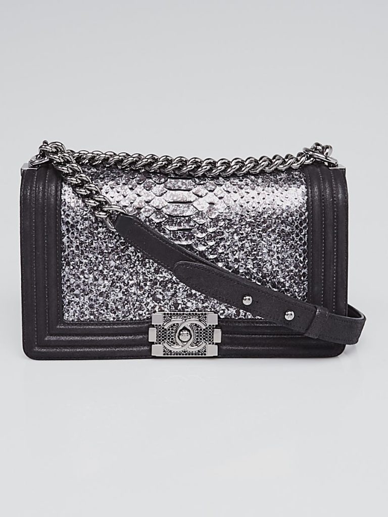 Chanel Silver/Black Python and Leather Medium Boy Bag | YoogisCloset.com