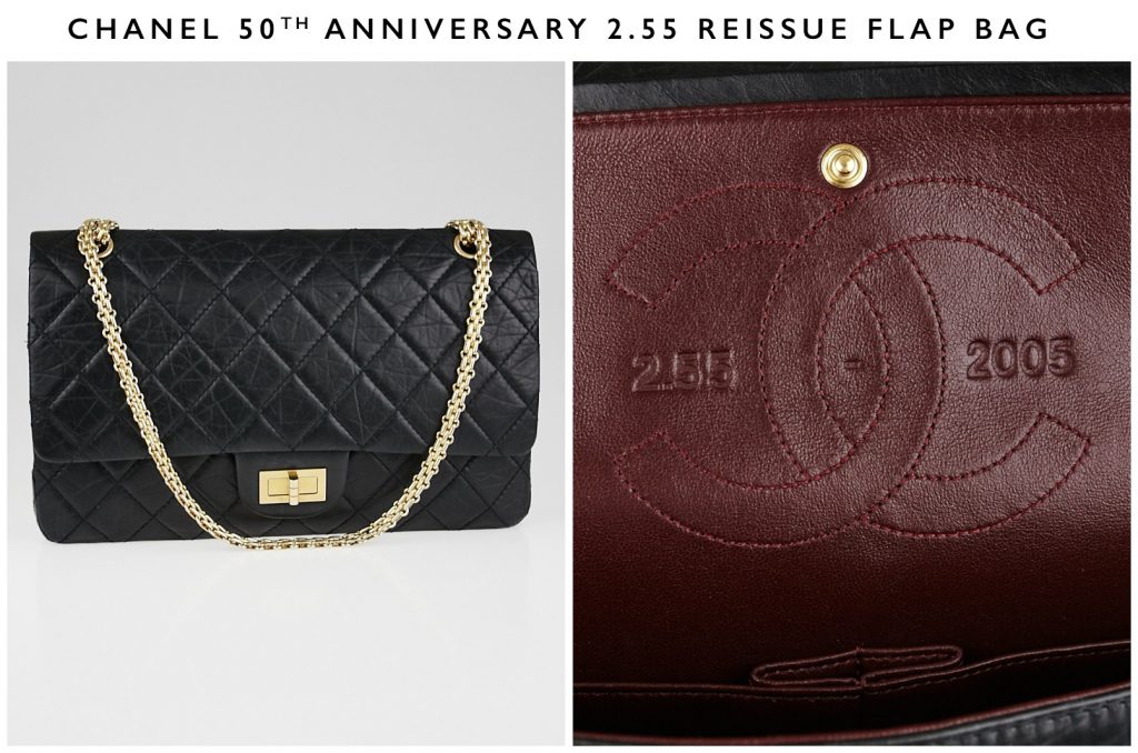 Chanel 50th Anniversary Reissue 2.55 Quilted Leather Flap Bag and Inside 2.55 2005 logo | Yoogi's Closet yoogiscloset.com