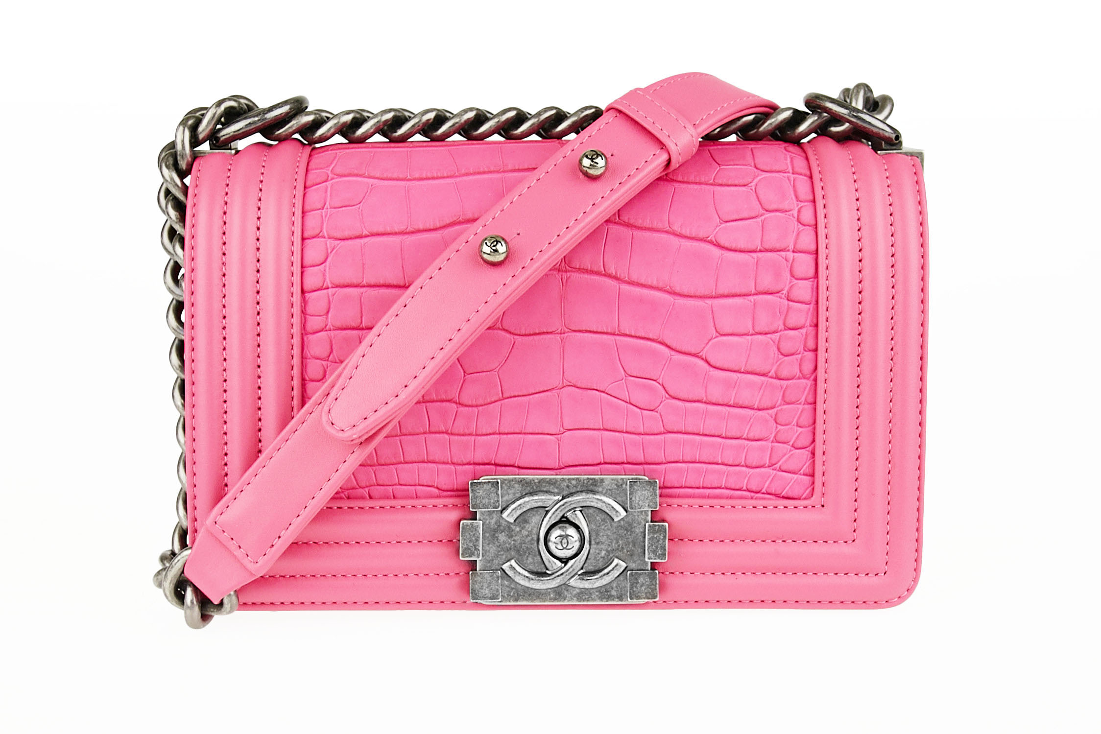 WOW! Talk about Bag Goals. Chanel Hot Pink Matte Alligator Boy Bag | YoogisCloset.com