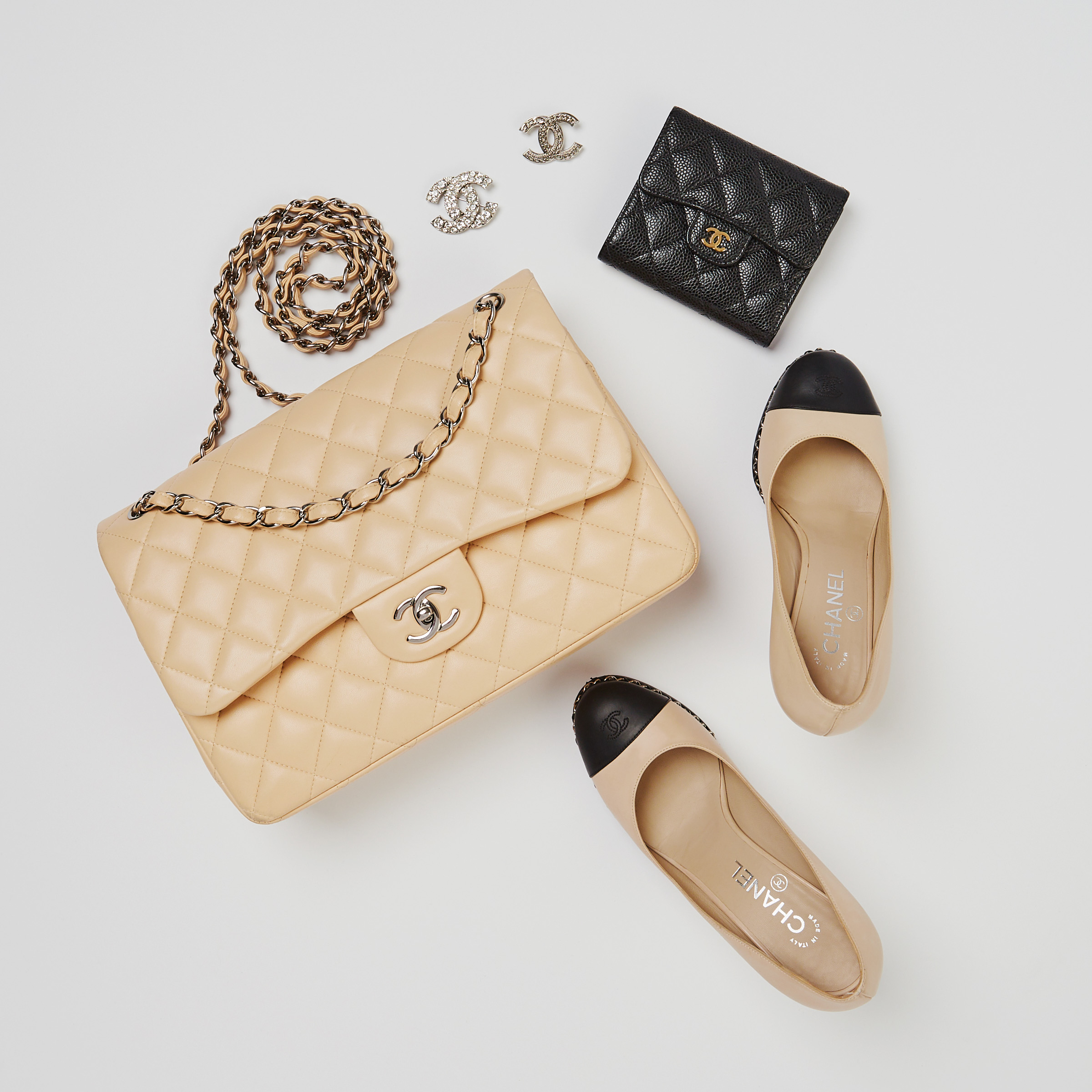 Chanel Beige Classic Flap Bag and Cap Toe CC Flats | Shop Authentic Chanel at YoogisCloset.com