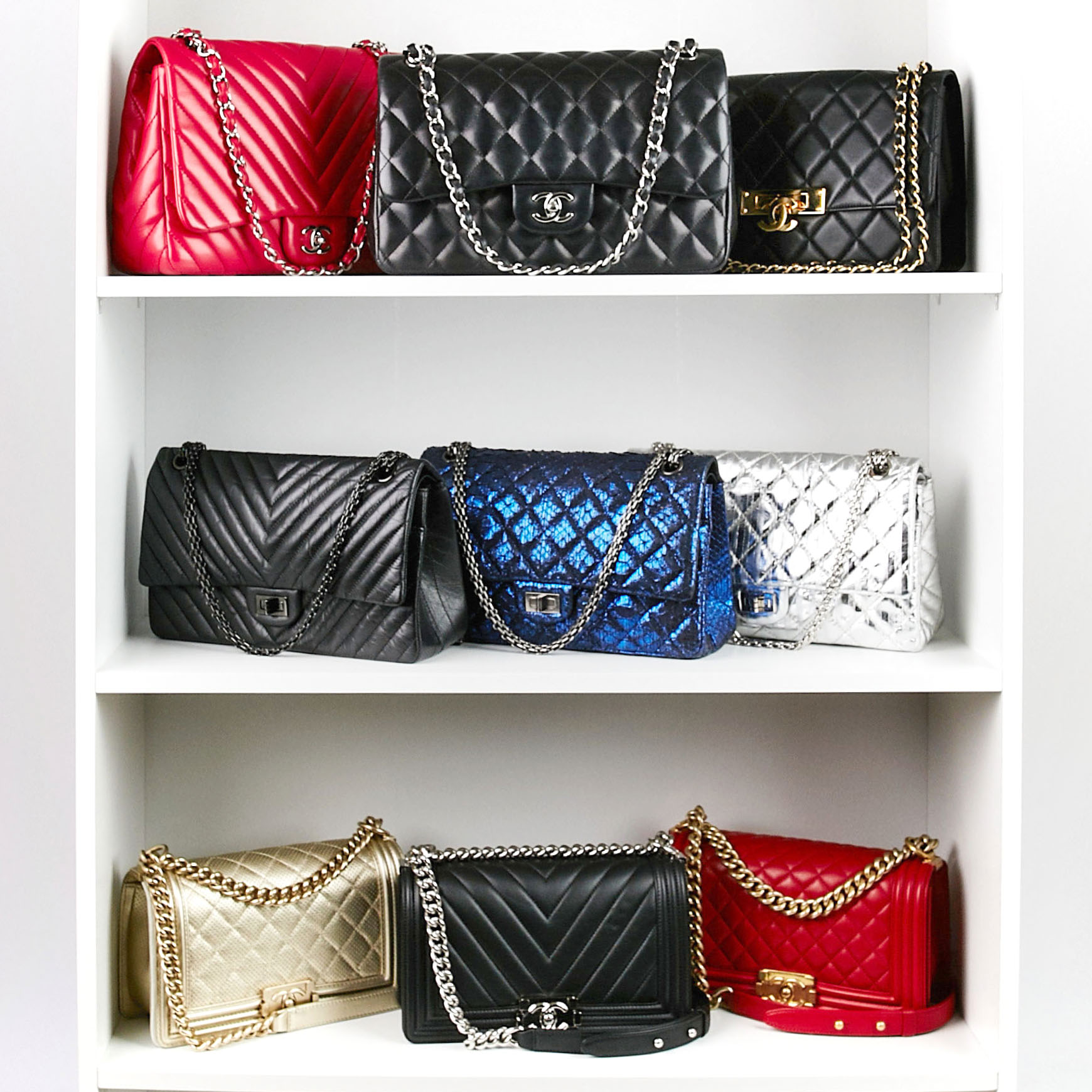 Chanel Handbag Collection Shelfie with Chanel Classic Flap, 2.55 Reissue and Boy Bag | Shop Chanel on Yoogi's Closet, Authenticated Pre-Owned Luxury www.yoogiscloset.com