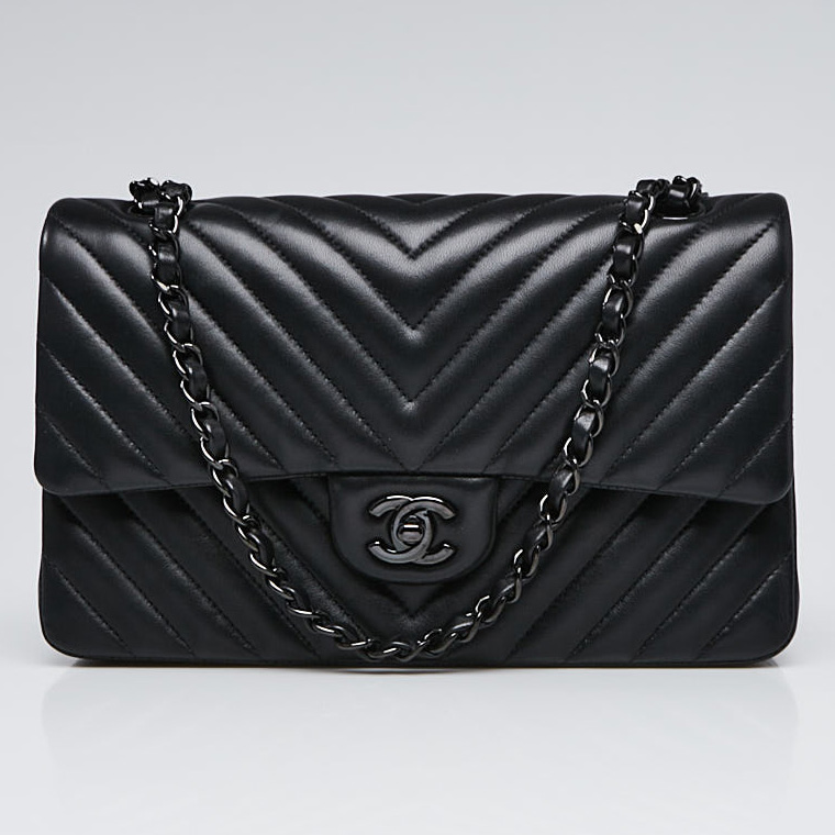 Chanel Black Chevron Quilted Lambskin Leather So Black Classic Medium Double Flap Bag | Yoogi's Closet Authenticated Pre-Owned Luxury yoogiscloset.com
